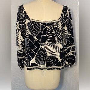 Cynthia Rowley Linen Monstera Leaf Crop Blouse Women L Puff Sleeve Tropical Boho